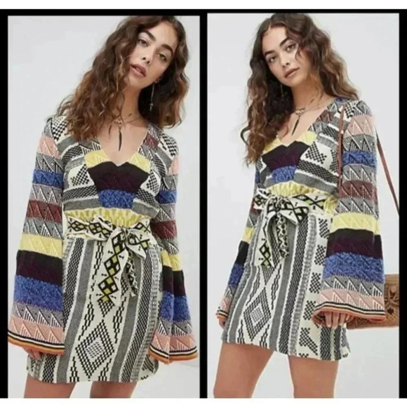 NWT Free People Womens Bell Sleeve V Neck Patchwork Knit Sweater Dress Multi S - Picture 1 of 13